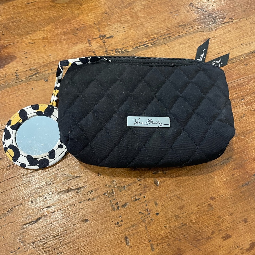 Vera Bradley Black Quilted Zip Cosmetic Case with Patterned Mirror Strap